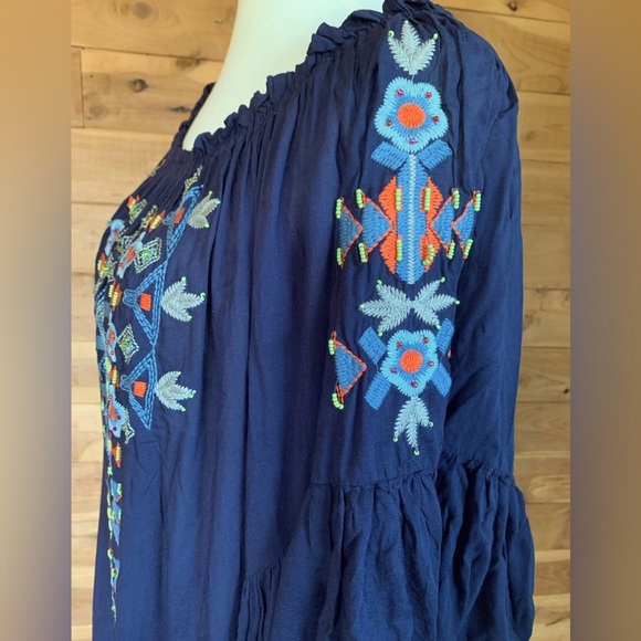 Urban Mangoz Embroidered Navy Beaded Boho Ruffled Blouse Size M - Picture 2 of 5